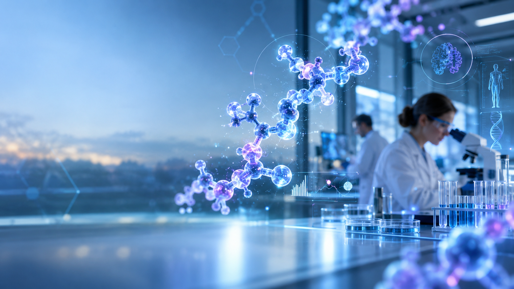 Futuristic Biotech Lab with Holographic Molecule